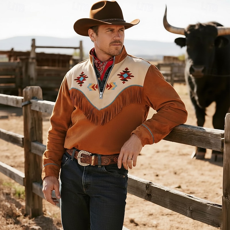 Men's Cowboy Costume Sweatshirt Ethnic Vintage Retro Stand Collar Outdoor Work Gift Black Brown Zipper Fall Winter Designer2