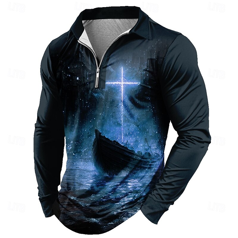 Men's Ship Cross Polo Long Sleeve Polo Shirts Lapel Vintage Casual Daily Wear 3D Print Quarter Zip Polo Spring Fall Winter Yellow Red Blue2