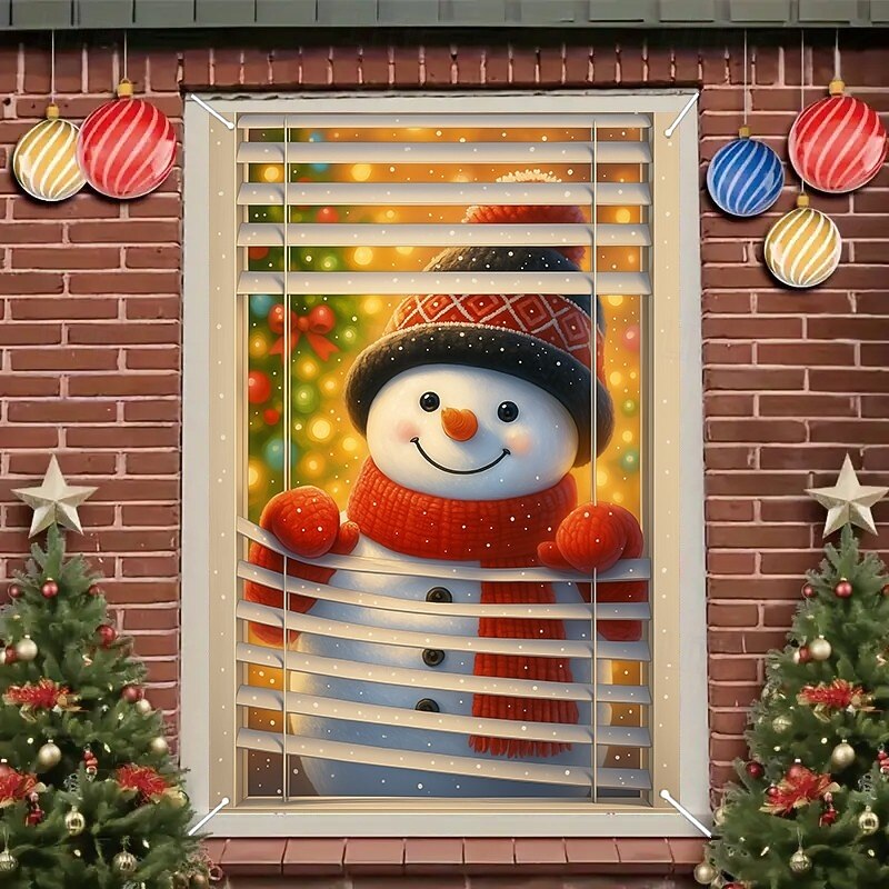 Christmas Snowman Curtain, 2025 Xmas Warm Glow Window Curtain Door Cover for Holiday Decoration, Winter Party Indoor Outdoor Hanging Tapestry2