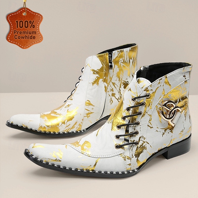 Men's White Floral-Patterned Western Boots with Laced Design – Statement Footwear for Fashion-Forward Men, Perfect for Parties and Performances
