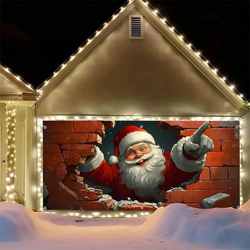 Christmas Garage Door Cover Large Hanging Backdrop Gift Santa Claus Cute 3D Party Outdoor Holiday Shooting Backgrounds Yard Home Decor3