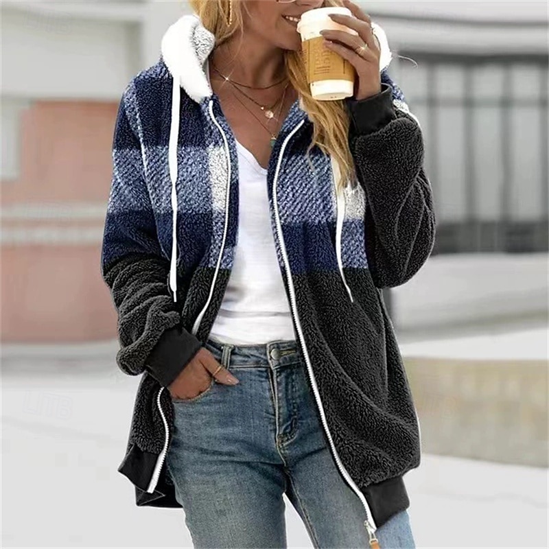 Women's Casual Jacket Comfortable Breathable Zipper Pocket Casual Plaid Vacation Street Casual Daily Wear Zipper Short Hooded Regular Fit Long Sleeve Outerwear Black Red Blue Spring Fall4