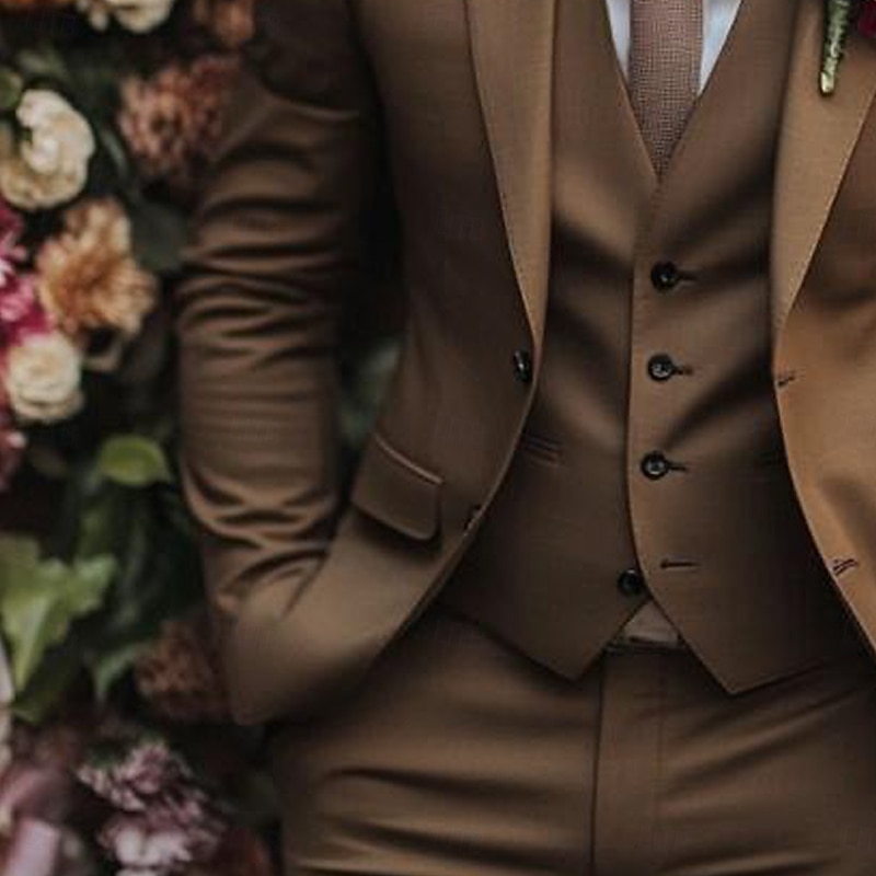 Men's Wedding Business Party Suits Notch Lapel Brown Daily Formal Solid Colored Slim Fit 3 Piece Single Breasted Two-buttons4