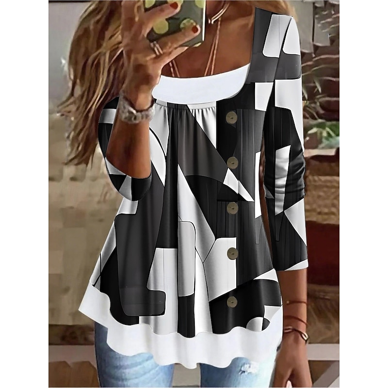Women's T Shirt Graphic Geometric Vintage Stylish Classic Long Sleeve Square Neck Regular Tops Daily Weekend Patchwork Buttons Print Black Red Blue Green Spring Fall Winter