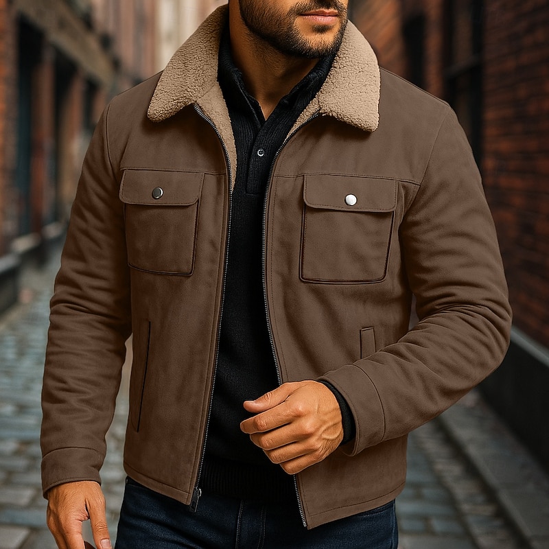 Men's Faux Suede Jacket Sherpa Jacket Brown Suede Jacket Casual Daily Thermal Warm Pocket Fall Winter Active Vintage Regular Black Brown Gray Jacket