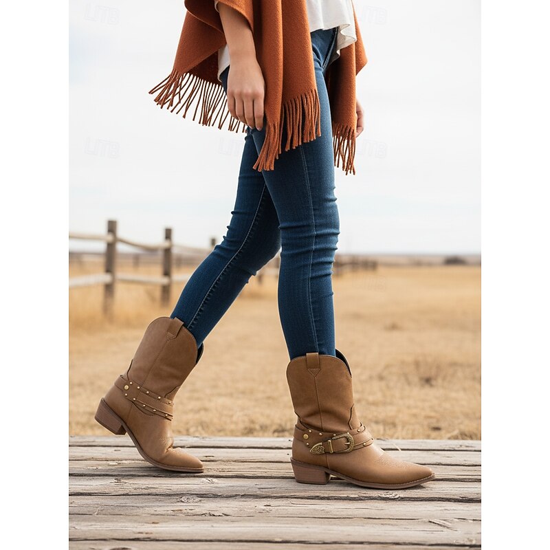 Women's Mid-Calf Boots with Metal Buckle Strap Retro Western Style Comfortable Low Heel Fashion Shoes for Outdoor Urban Casual Wear