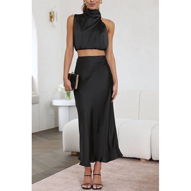 Women's Dress Set Sheath Dress Elegant Plain Ruched Midi Dress Sleeveless High Neck Formal Party Black White Pink Spring Fall Regular Fit