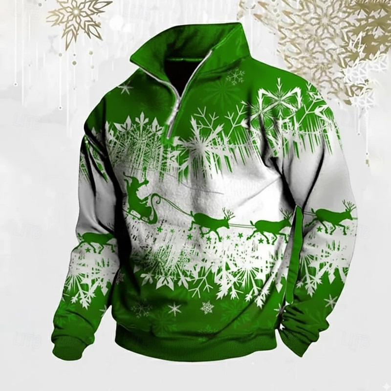 Christmas Men's Elk Snowflake Zip Polo Shirts Long Sleeve Polo Shirts Lapel Casual Outdoor Festival Outfit 3D Print Fall Winter Black Red Green3