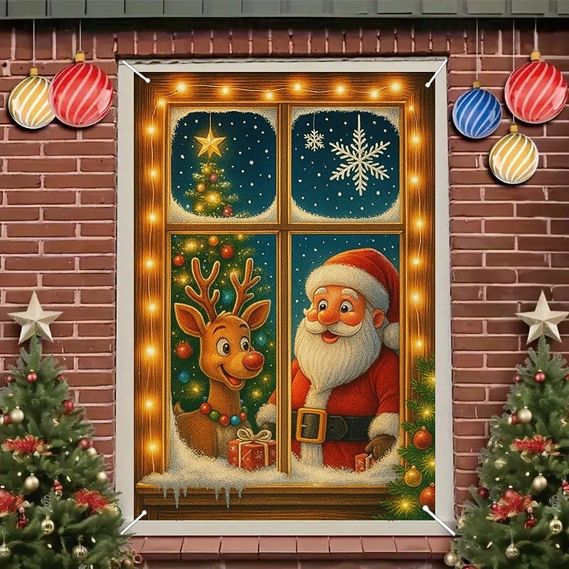 Christmas Santa with Reindeer Curtain, 2025 Xmas Festive Window Curtain Door Cover for Holiday Home Decor, Kids Room, Party Hanging Tapestry2