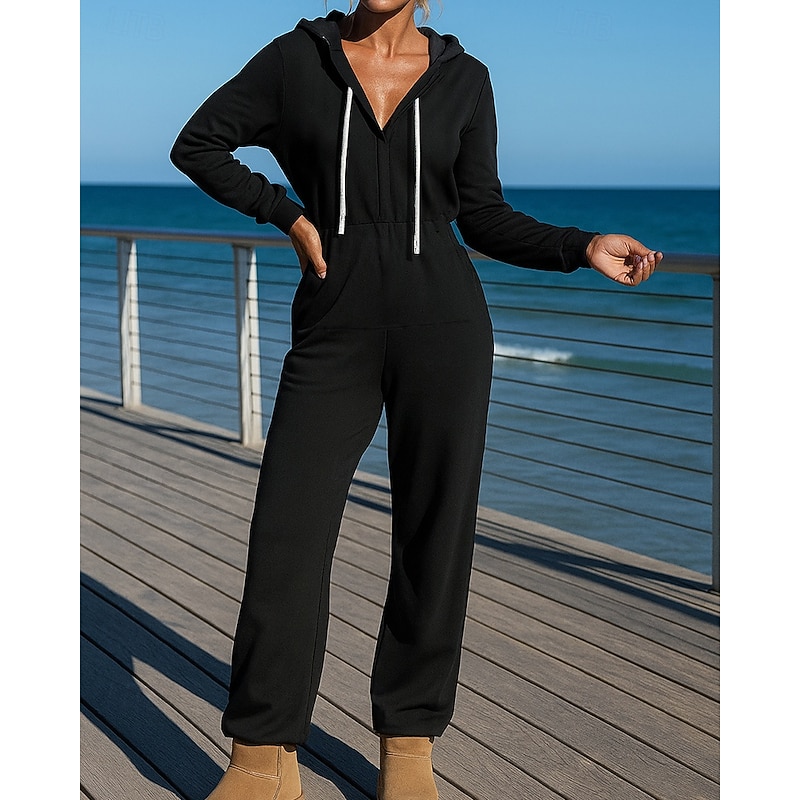 Women's One Piece Sweatsuit Lounge Outfits  Drawstring Solid Colored Clothing Suit Fall Black Coffee Outdoor Travel Sports Moisture Wicking Long Sleeve Sport Activewear Micro-elastic Regular Fit