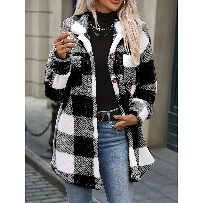 Women's Sherpa Jacket Comfortable Breathable Buttons Elegant Casual Plaid Vacation Street Casual Daily Wear Single Breasted Regular Turndown Regular Fit Long Sleeve Outerwear Black Khaki Spring Fall2