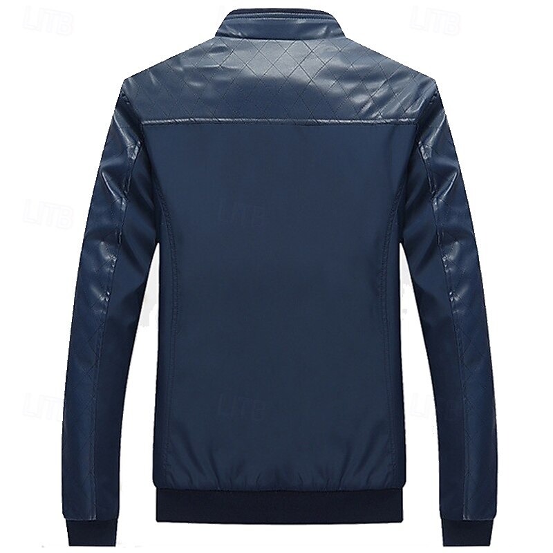 Men's Faux Leather Jacket Biker Jacket Motorcycle Jacket Vacation Daily Windproof Pocket Fall Winter Plain Fashion Classic Stand Collar Regular Wine Dark Blue Jacket2