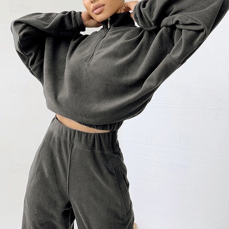 Women's Fashion Streetwear Pants Sets Bolero Top Sweatshirt Long Sleeve Stand Collar Solid Color Zipper Outdoor Work Casual Gray Spring Regular Fit