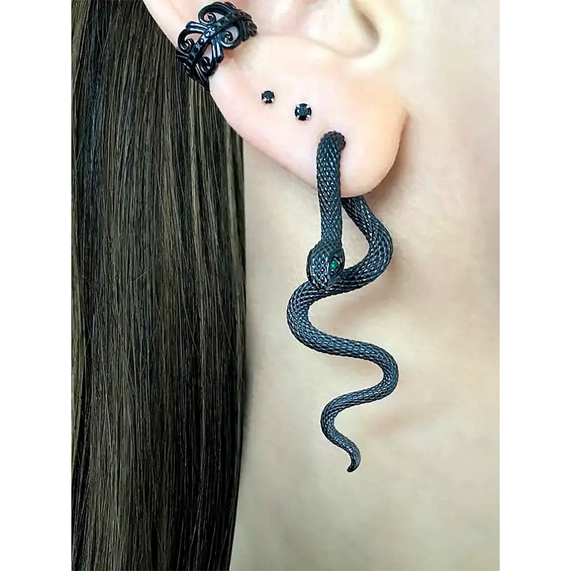 Women's Halloween Alloy Snake Earrings – Gothic Punk Serpent Drop Dangle Jewelry with Green Eyes for Costume Party, Cosplay and Nightlife Fashion