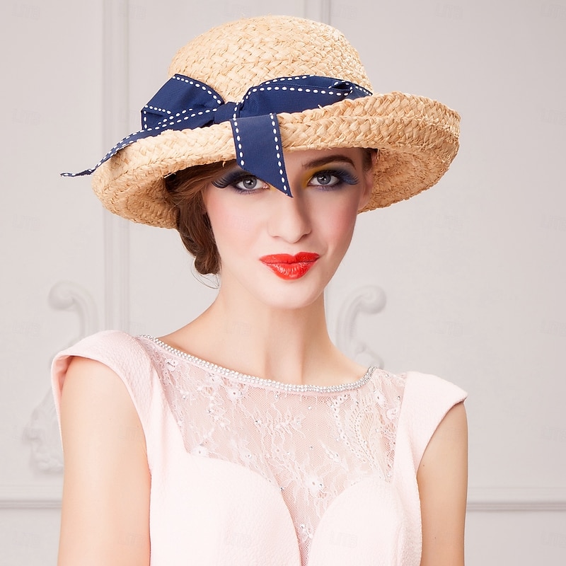 Hats synthetic fibre Bucket Hat Straw Hat Sun Hat Casual Holiday Retro Sun Protection With Bowknot Lace-up Headpiece Headwear3