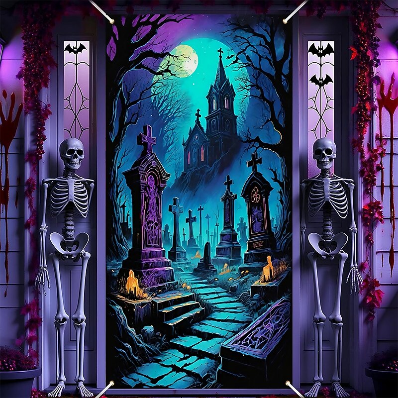 Halloween Posters Door Cover Outdoor Banners Cemetery 3D Dark Punk Gothic Style Party Dorm Teens Room College Dorm Guys Man Cave Frat Bedroom Shooting Backgrounds Home Decor