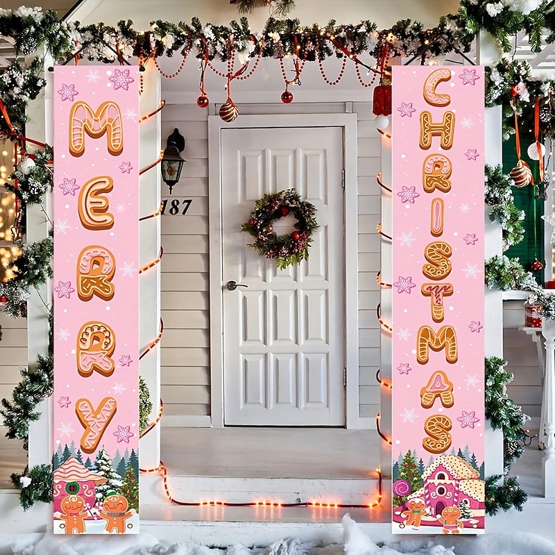 Pink Christmas Door Banner Set 30x180cm, Holiday Front Door Hanging Signs, Xmas Porch Decoration Couplets4