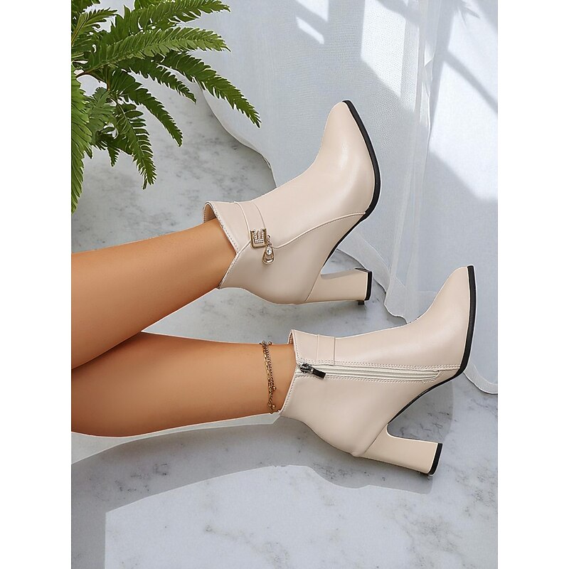 Women's White Pointed Toe Ankle Boots – Faux Leather Block Heel Booties with Rhinestone Buckle Strap for Office, Wedding and Formal Outfits4
