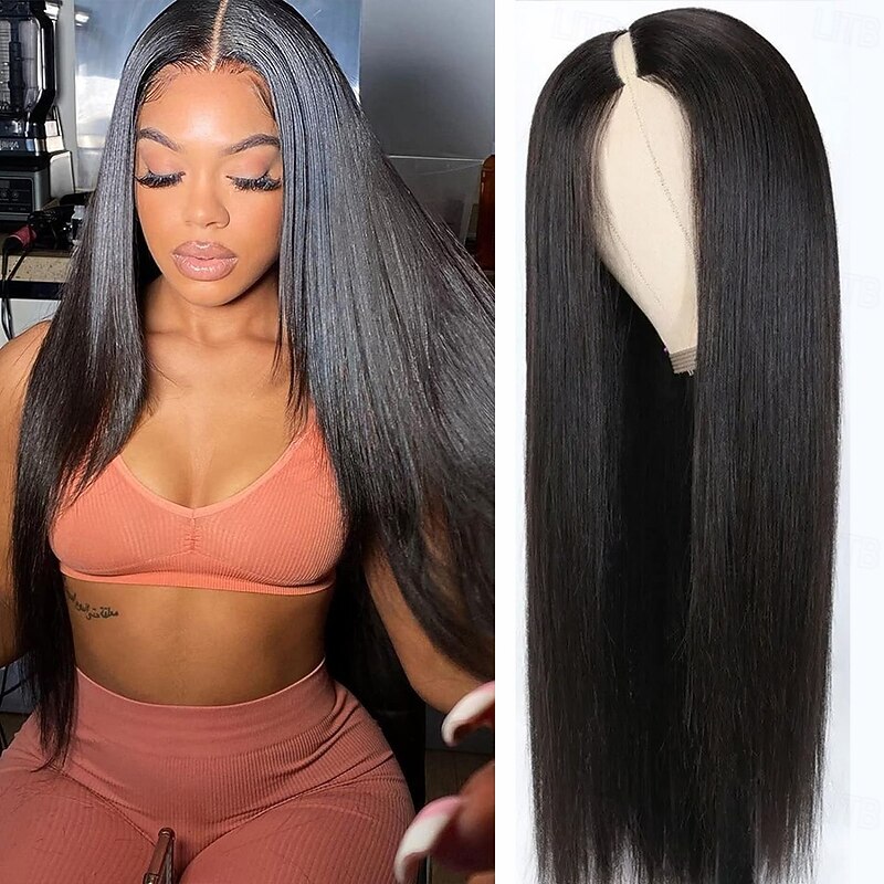 V Part Wigs Human Hair Straight Brazilian Human Hair Wigs for Black Women Upgrade U Part Wigs No Sew in NO Glue Half Wigs Human Hair 180% Density Natural Color