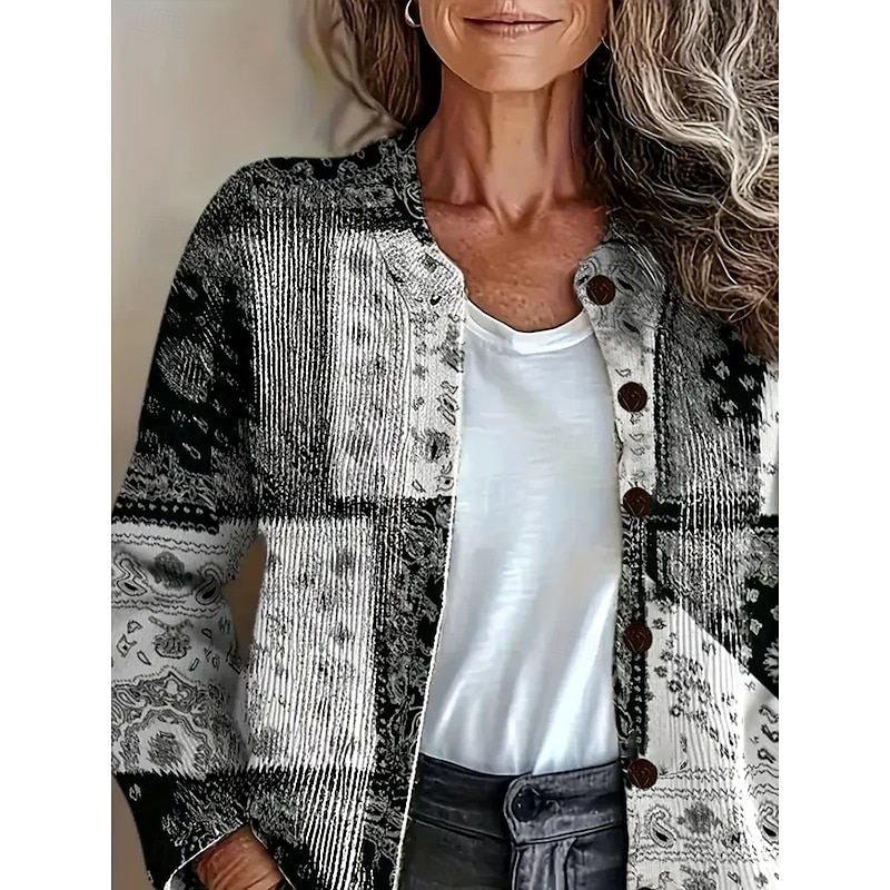 Women's Cardigan Daily Floral Graphic Paisley Ribbed Crew Neck Floral Buttons Print Long Sleeve Regular Tops Knit Outdoor Weekend Gray Fall Winter2