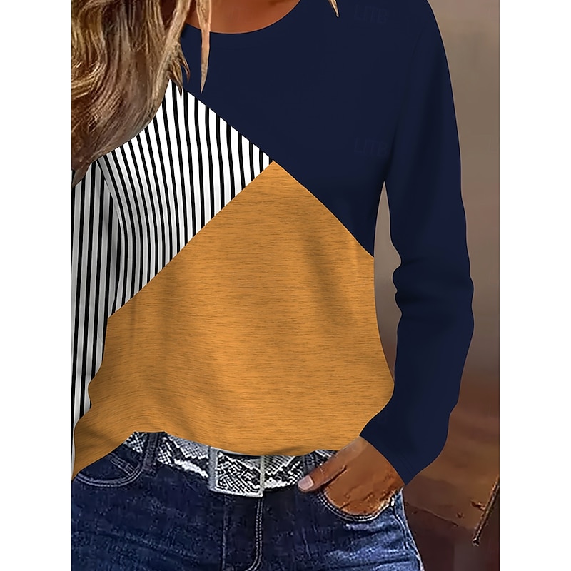 Women's T Shirt Graphic Geometric Color Block Vintage Stylish Classic Long Sleeve Crew Neck Round Neck Regular Tops Daily Print Yellow Fall Winter3
