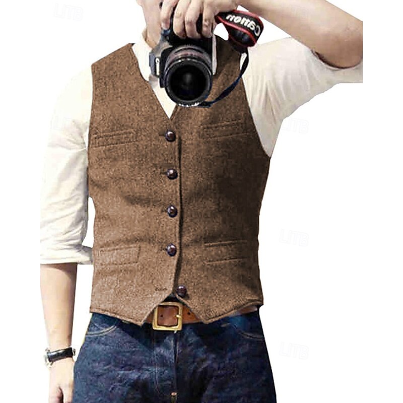 Men's Vest Waistcoat Gilet Vacation Party Business Fashion Casual Spring Fall Pocket Buttons Polyester Comfortable Solid Color Single Breasted One-button V Neck Regular Fit Silver Black Champagne Wine2