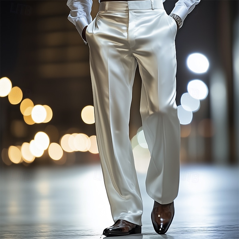 Men's Trousers Dress Pants Silk Like Satin Pants Baggy Pants Pocket Straight Leg Plain Breathable Full Length Wedding Party Business Fashion Streetwear White Gold Micro-elastic4