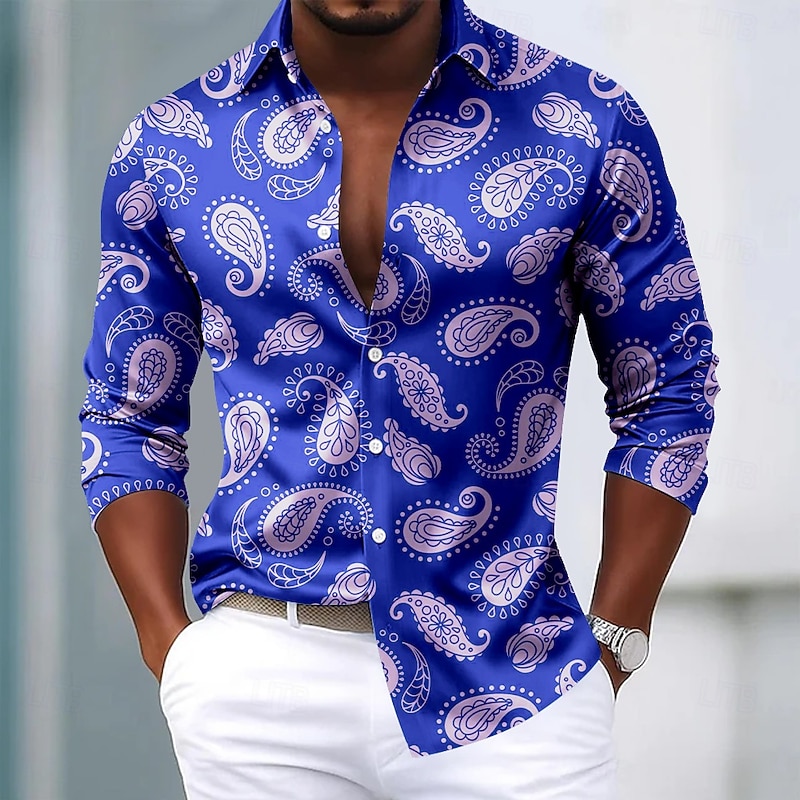 Men's Paisley Floral Print Ethnic Shirt Satin Shirt Dress Shirt Long Sleeve Vintage Retro Vacation Dailywear Summer Spring Fall Turndown 3D Print Button Up Shirts Black Blue Orange Light Blue3