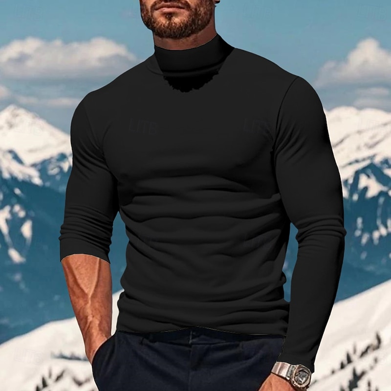 Men's Tee Top Long Sleeve Shirt Mock Turtleneck Long Sleeve Turtleneck Pile Neck Winter Spring &  Fall Solid Color Daily Casual Street Style High Neck Plain Formal Outdoor Street Black White Yellow3