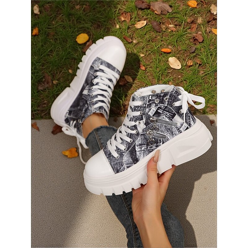 Women's Blue High Top Sneakers with Platform Sole and Zipper Accents – Trendy Casual Streetwear Shoes4