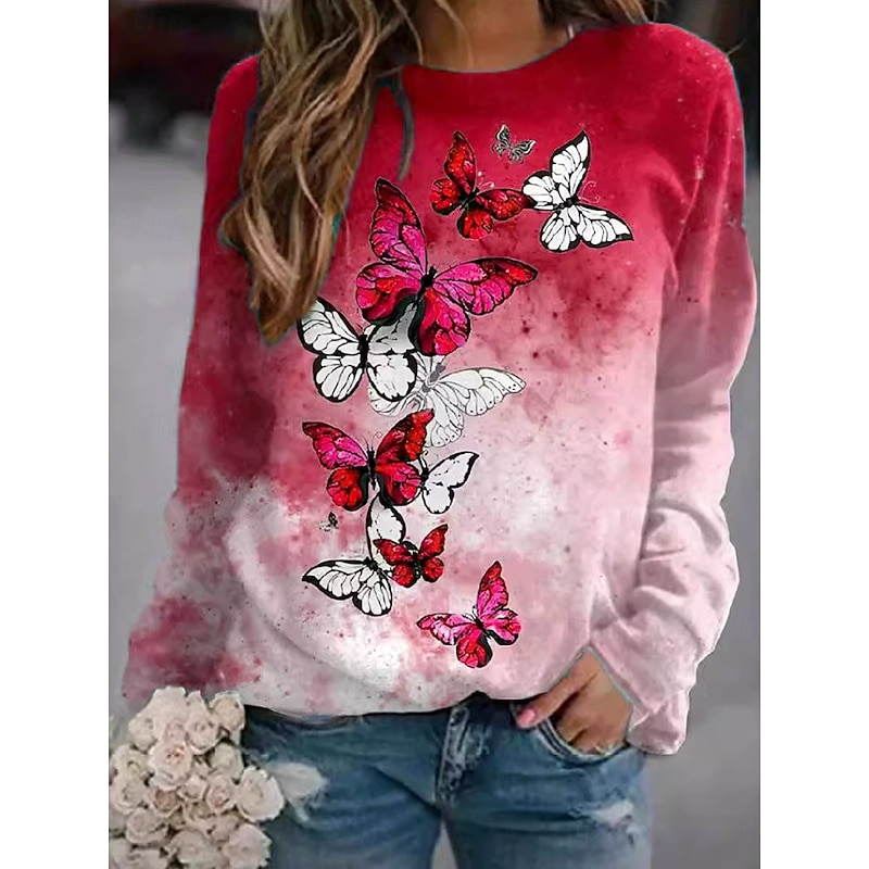 Women's Pullover Sweatshirt Graphic Butterfly Fashion Casual Long Sleeve Round Neck Regular Tops Street Dailywear Casual Print Dark Pink Blue Green Spring Fall Winter