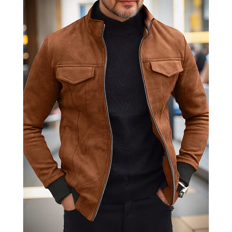Men's Faux Suede Jacket Casual Jacket Vacation Daily Warm Pocket Fall Winter Plain Fashion Classic Standing Collar Regular Black Green Coffee Jacket