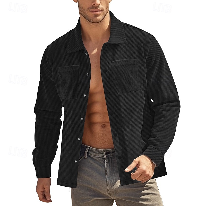 Men's Shirt Casual Shirt Corduroy Shirt Button Up Shirt Cargo Shirt Black Green Gray Long Sleeve Turndown Training Outdoor Pocket Clothing Apparel Vintage Casual