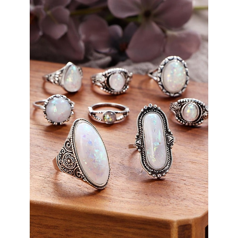 Women's Vintage Opal Ring Set, Bohemian Silver-Plated Adjustable Rings Jewelry for Parties, Weddings and Daily Wear3