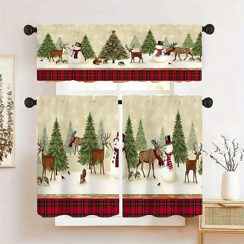Small Christmas Kitchen Curtain, Cartoon Snowman & Reindeer Digital Print Cafe Valance, Dust-Proof Cabinet & Sink Window Drapes, Festive Holiday Decor