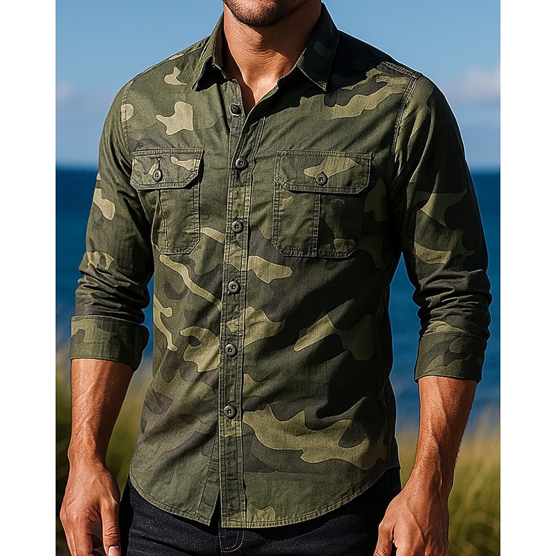 Men's Cargo Shirt Hiking Shirt Long Sleeve Turndown Top Outdoor Breathable Cotton Camouflage Army Green Khaki Grey Tennis Golf Running3