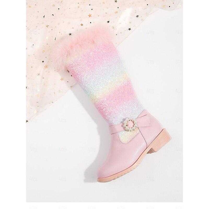 Girl's Rainbow Glitter Knee High Boots with Faux Fur Trim and Pearl Buckle -Sparkly Winter Shoes for Kids Party and Holiday Outfits2