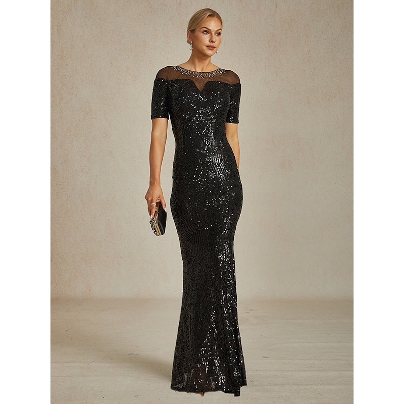 Women's Maxi Dress Trumpet Mermaid Dress Elegant Party Party Evening Party Slim Solid Color Short Sleeve Crew Neck Black Summer Spring Fall - Main Image