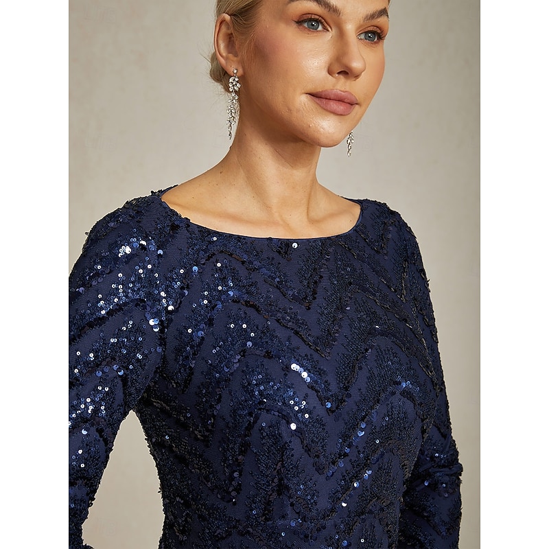 Women's Midi Dress Sheath Dress Elegant Party Birthday Party Evening Party Cocktail Party Regular Fit Solid Color Geometric Long Sleeve Crew Neck Boat Neck Navy Blue Spring Fall Winter3