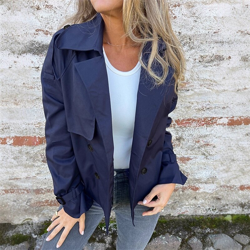 Women's Casual Jacket Trench Coat Warm Comfortable Pocket Buttons Fashion Outdoor Plain Going out Weekend Double Breasted Regular Lapel Regular Fit Long Sleeve Outerwear Khaki Dark Blue Fall Winter4