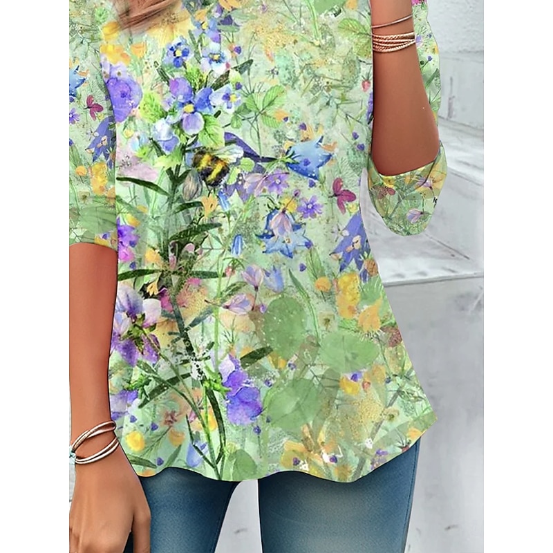 Women's T Shirt Floral Graphic Plants Vintage Stylish Classic Long Sleeve Crew Neck Round Neck Regular Tops Daily Print Light Green Spring Fall Winter3
