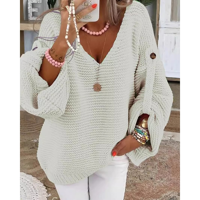 Women's Sweater Pullover Streetwear Casual Solid Color V Neck Knitted Long Sleeve Regular Tops Knit Daily Holiday Going out Black White Fall Winter