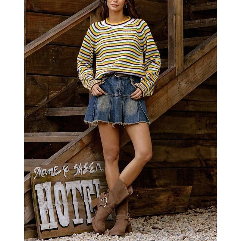 Women's Sweater Pullover Fashion Casual Striped Ribbed Crew Neck Knitted Long Sleeve Regular Tops Knit Outdoor Daily Weekend Yellow Fall Winter3