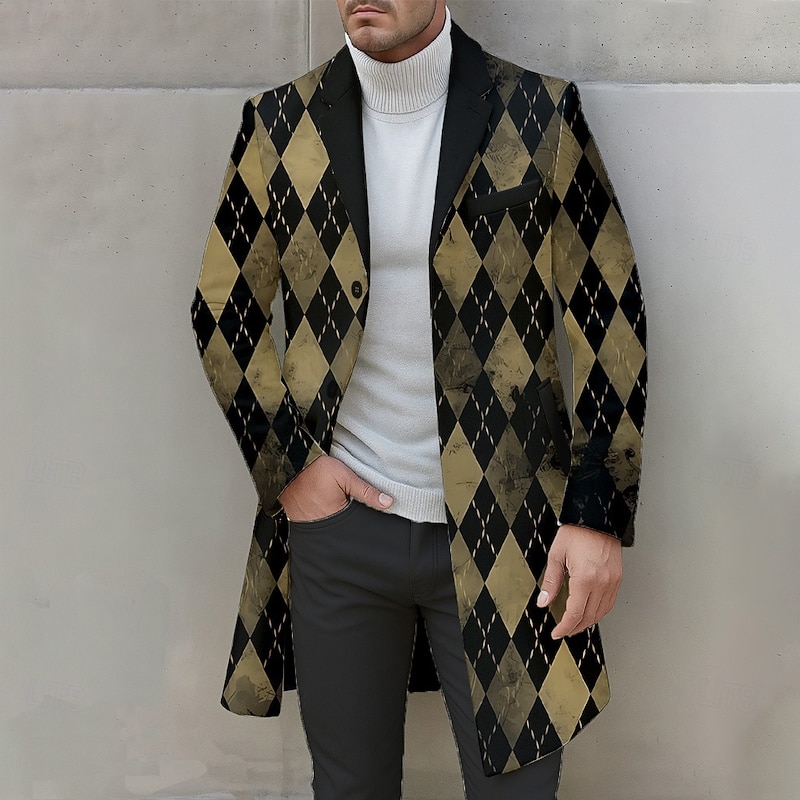 Men's Geometric Argyle Overcoat Coat Casual Business Daily 3D Print Buttons Front Pocket Spring Fall Winter Notch Long Sleeve Yellow Orange Brown3