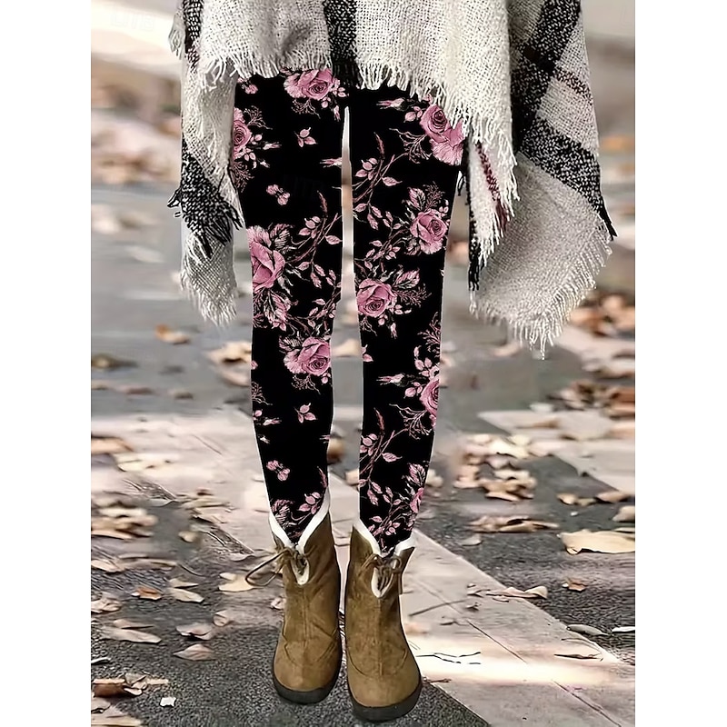 Women's Leggings Vacation Vintage Fashion Full Length High Waist Floral Graphic Printing Thermal Warm Soft Breathable Stretchy Formal Outdoor Vacation Violet Pink off-white Spring Fall Slim Fit