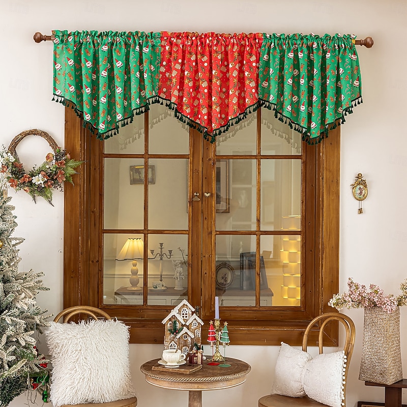 Christmas Valance Curtain with Santa Print, Holiday Window Treatment Drapes for Living Room Bedroom Decoration