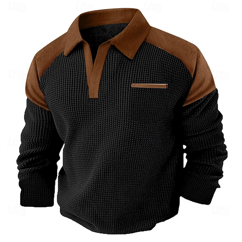 Men's Waffle Tee Long Sleeve V Neck Lapel Fall Spring &  Fall Solid Color Fashion Basic Casual Color Block Street Casual Sports Black Navy Blue khaki Top Tee for Men2