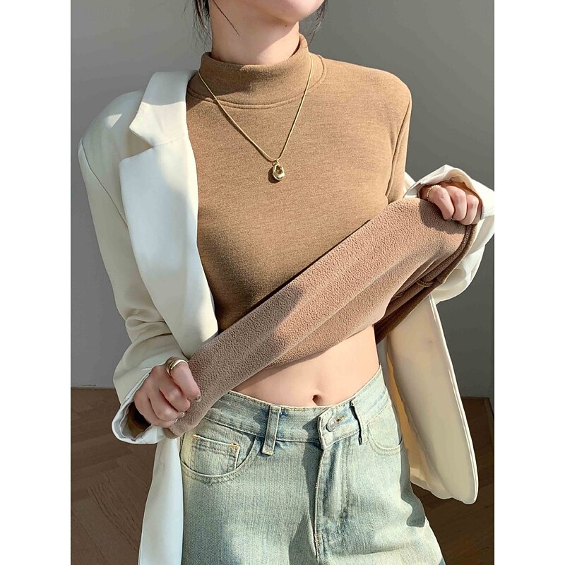 Women's Blouse Solid Color Stylish Casual Long Sleeve Turtleneck Regular Tops Daily Black Pink Brown Green Khaki Spring Fall Winter4