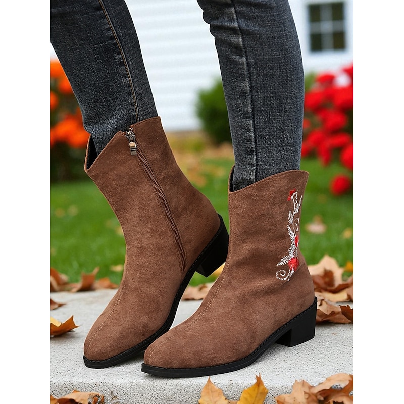 Women's Brown Floral Embroidered Booties – Faux Suede Zipper Mid Calf Ankle Boots Boho Outfits and Casual Wear2