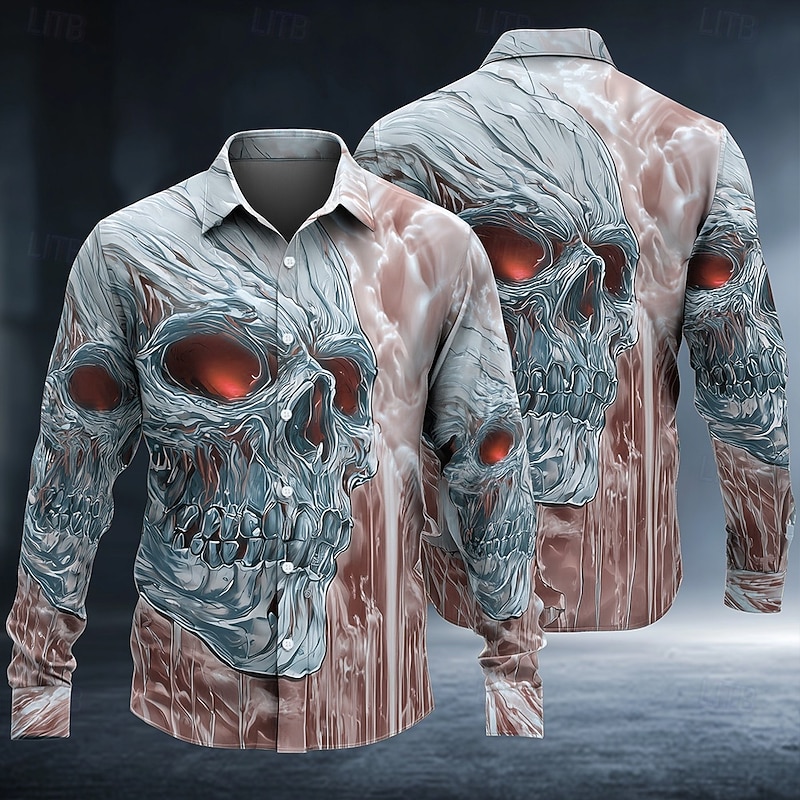 Halloween Men's Frozen Ice skull Shirt Button Up Shirt Long Sleeve Dark Gothic Style Holiday Streetwear Spring Fall Turndown 3D Print Collared Shirts Pink Blue Purple Green3